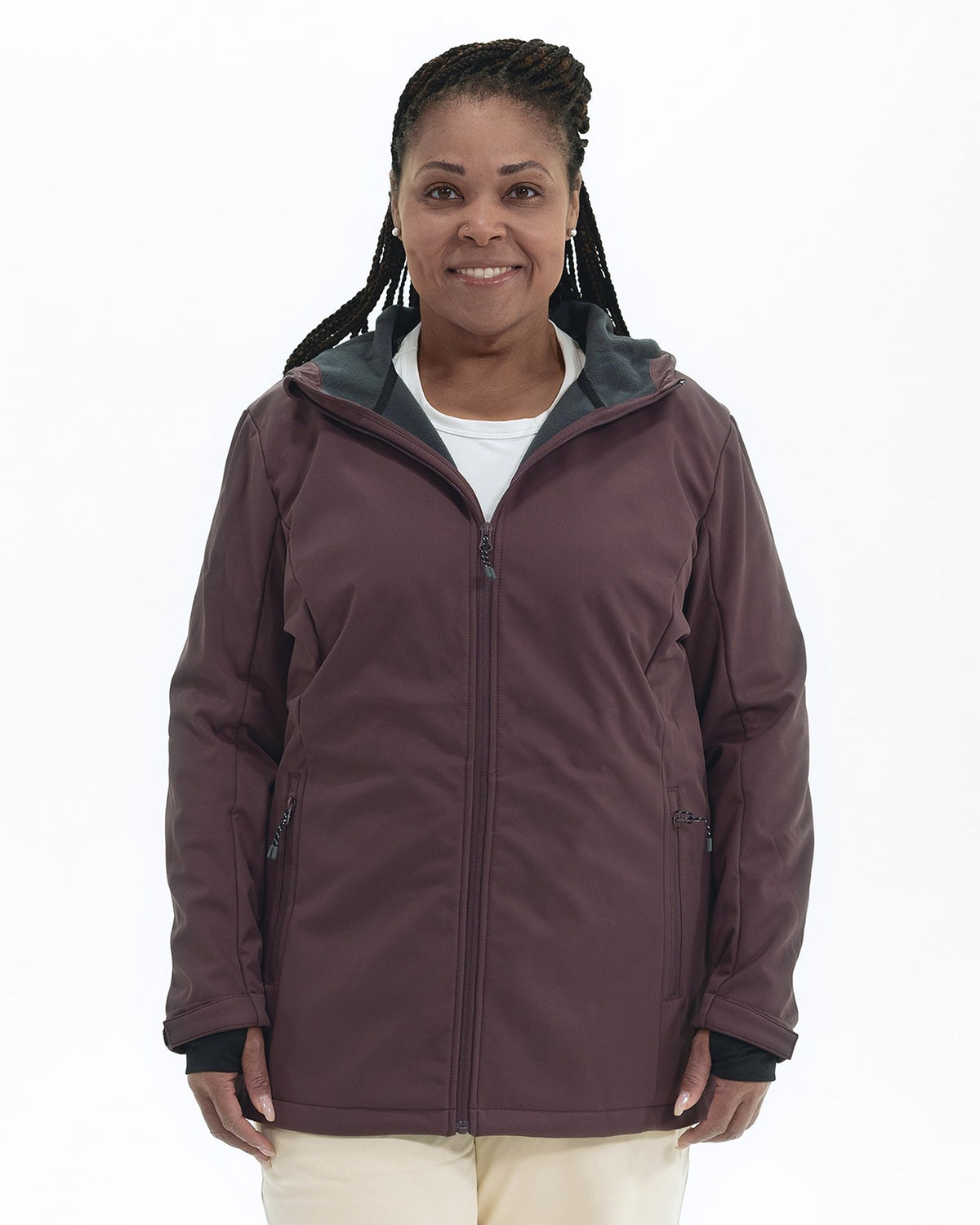 Eggplant Venus women's plus size fleece lined soft shell jacket, front | Model is 5'6" and wears a 1X