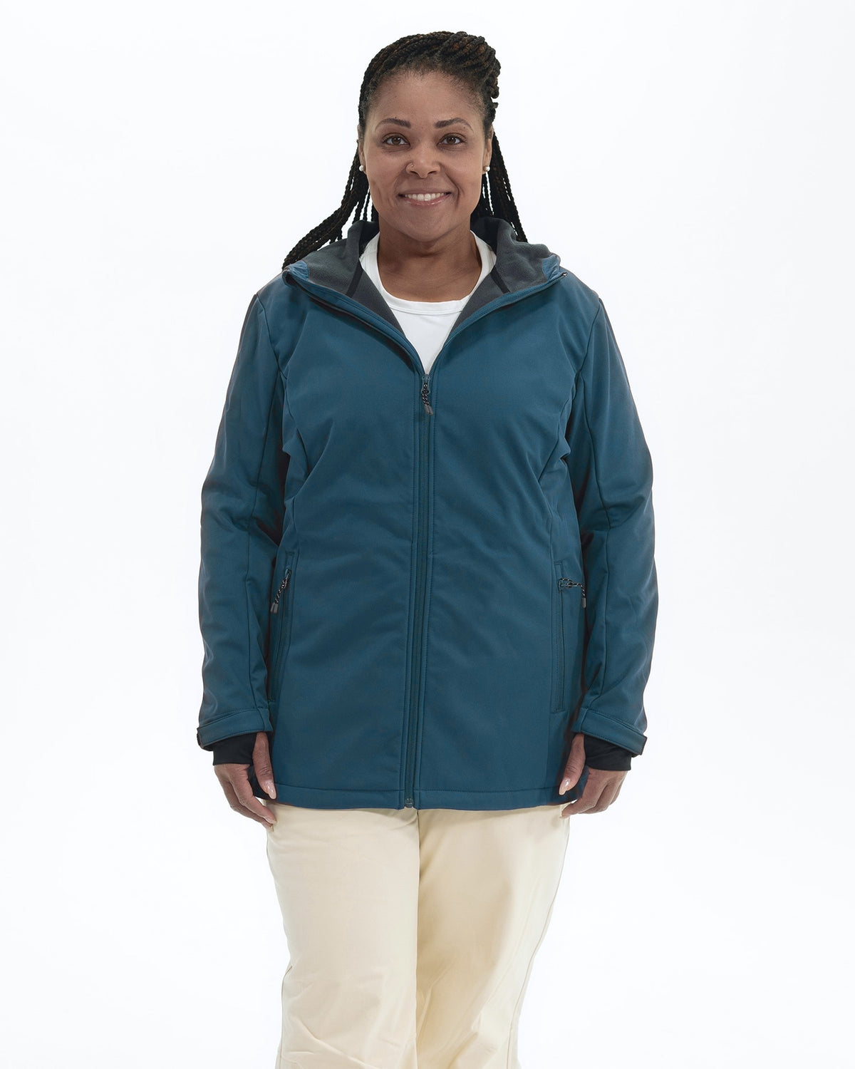 Peacock The Venus plus size fleece lined soft shell jacket, front | Model is 5'6" and wears a 1X