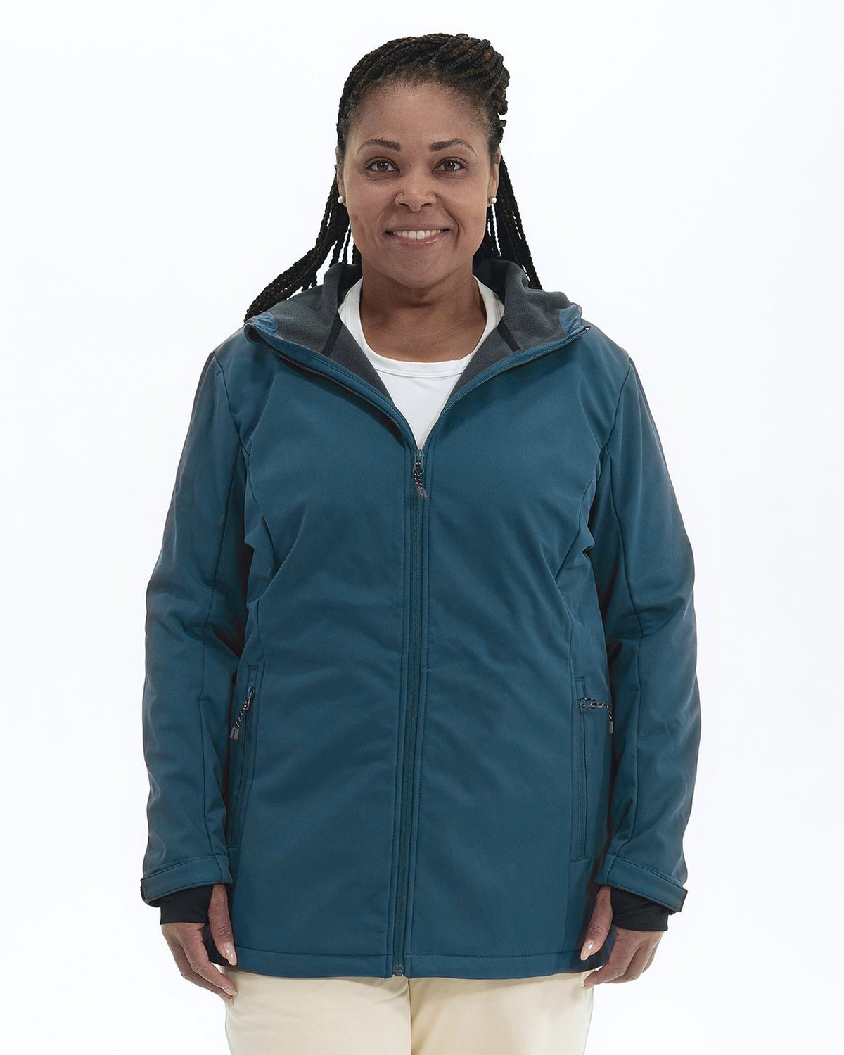 Peacock The Venus plus size fleece lined soft shell jacket, front | Model is 5'6" and wears a 1X
