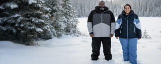 plus size outerwear / big and tall outerwear being modeled in snow