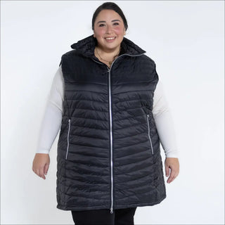 Black quilted puffer vest for women’s plus size long insulated outerwear Pristine