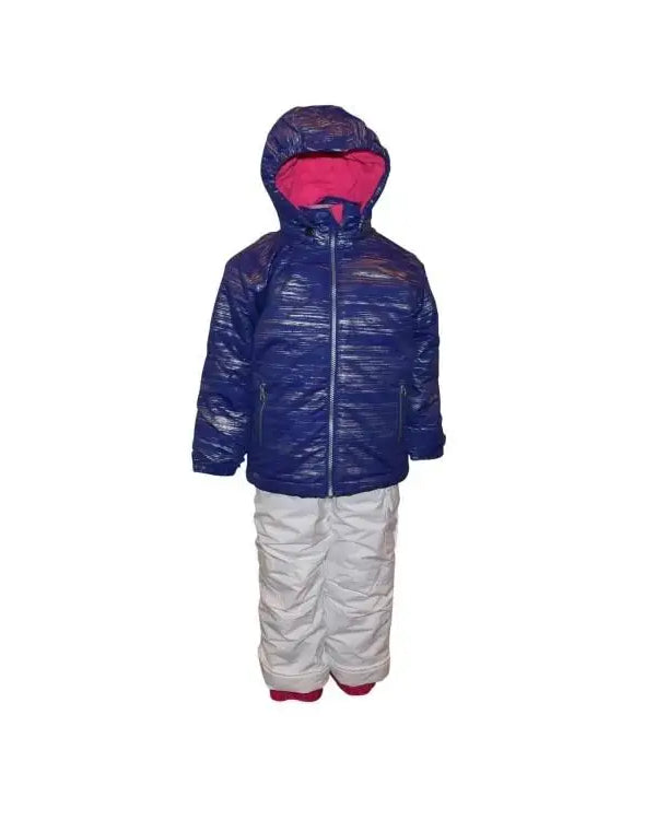 Blue and white snowsuit with pink lining for toddlers, ideal for winter outdoor activities