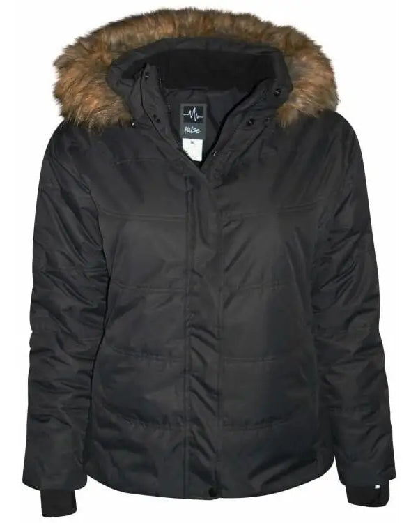 Black puffer jacket with fur-trimmed hood from Pulse Women’s Plus Size Ski Jacket collection