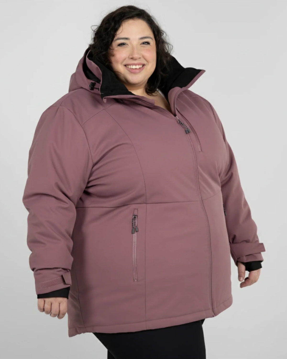 Black Cherry The Siberian plus size heavy insulated softshell coat, three quarter view with hood