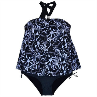 Simply Fit Womens Plus Size Halter Tankini Bikini Swimsuit Set - 16 / Black White Leaf - Womens
