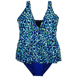 Blue and green patterned tankini swimsuit set with tiered ruffles for plus size women