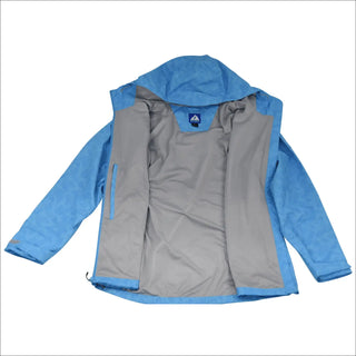 Open light blue hooded rain jacket for women displayed on a product page