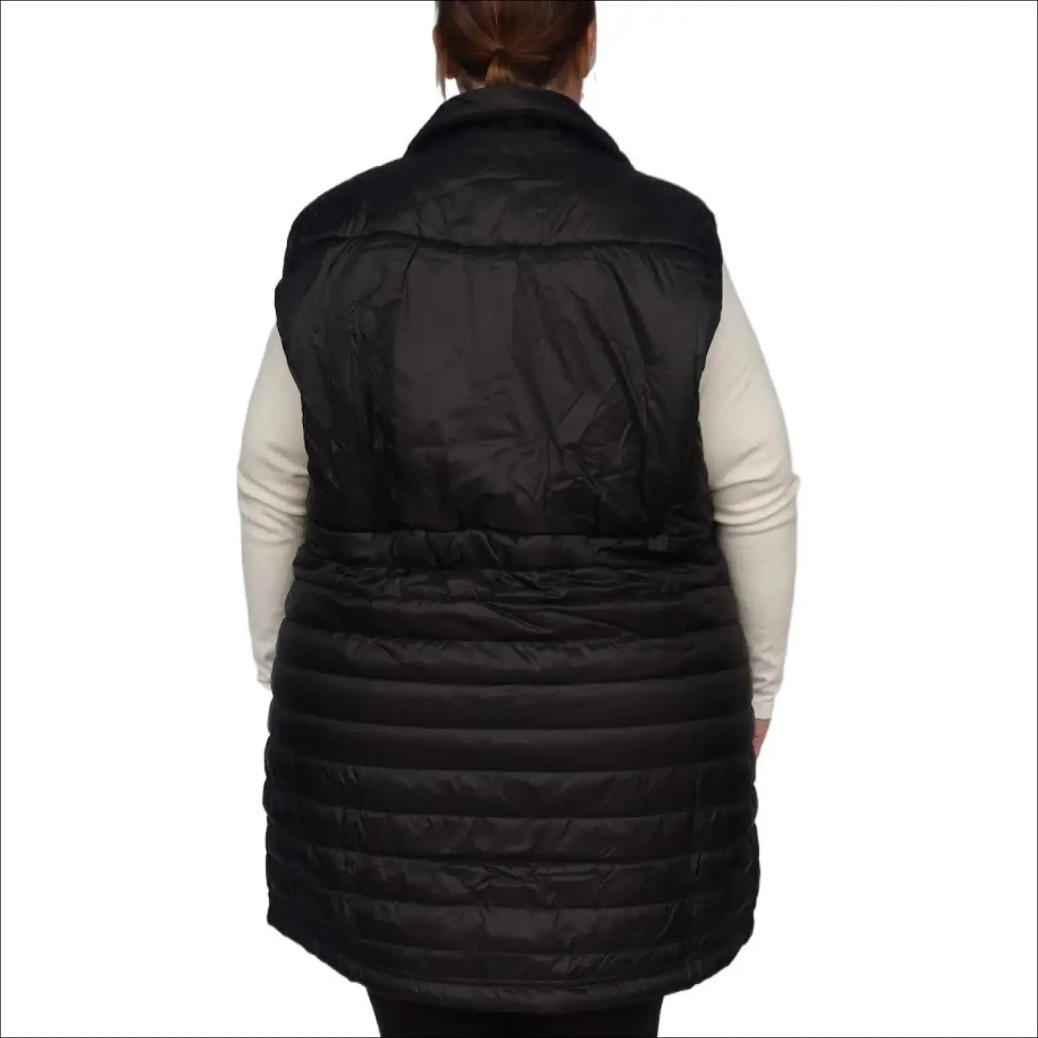 Black quilted insulated vest modeled in Women’s Plus Size 1X-6X Long Outerwear Pristine