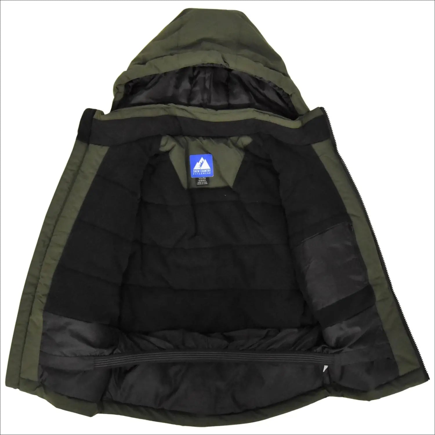 Open olive green hooded puffer jacket from Snow Country Outerwear for boys youth 8-18