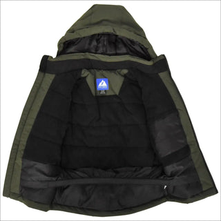 Open olive green hooded puffer jacket from Snow Country Outerwear for boys youth 8-18