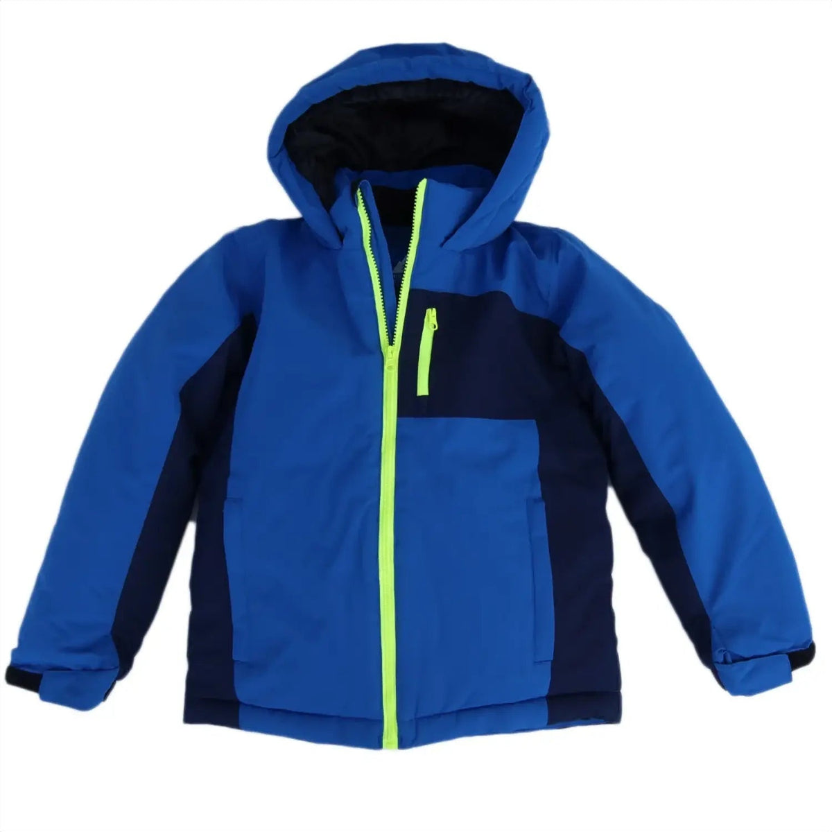 Blue hooded winter jacket with neon green zipper from Snow Country Outerwear for boys