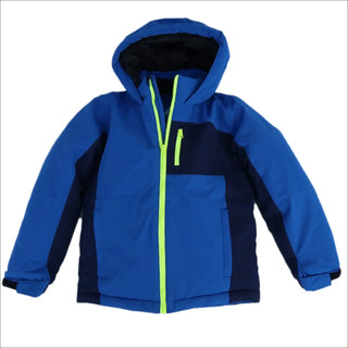 Blue hooded winter jacket with neon green zipper from Snow Country Outerwear for boys