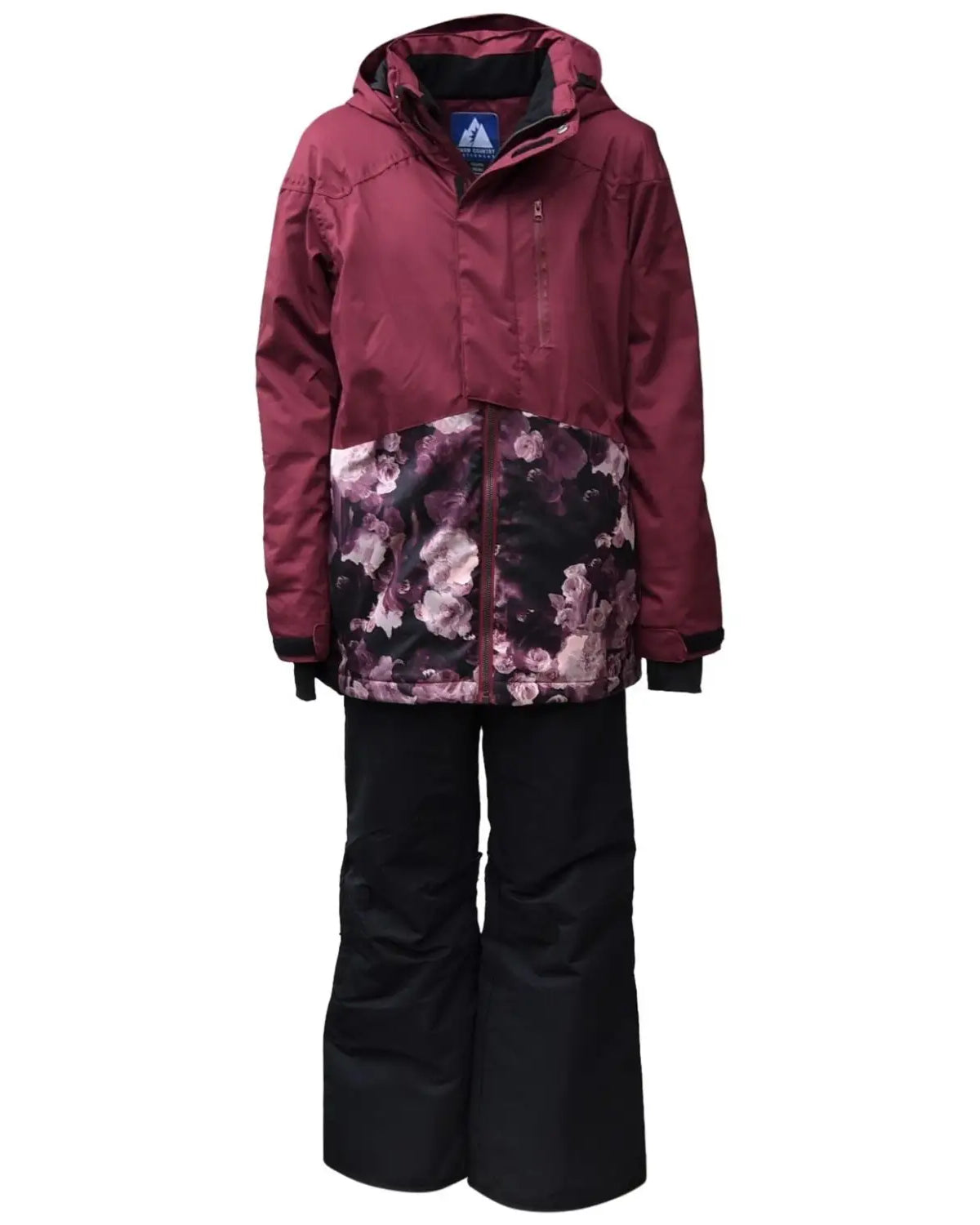 Burgundy floral ski suit for girls from Snow Country Outerwear winter snow set