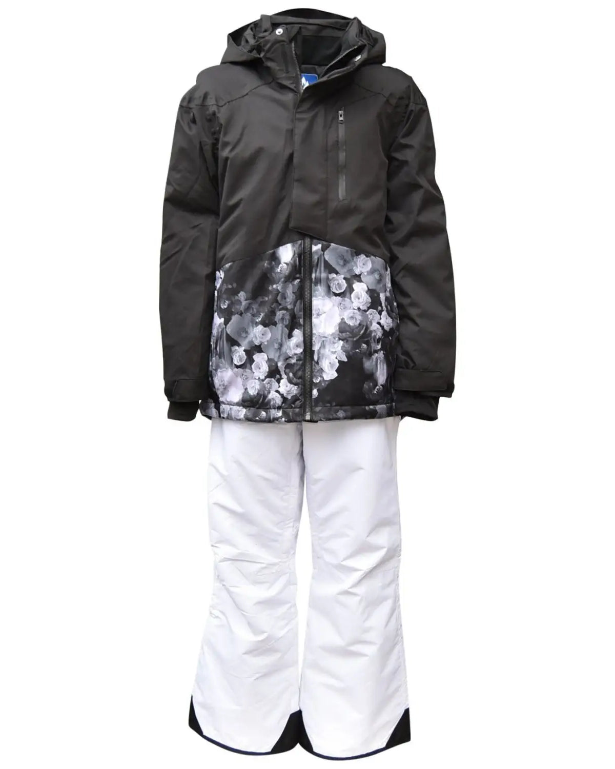 Black floral snow jacket with white pants from Snow Country Outerwear Girls Ski Suit