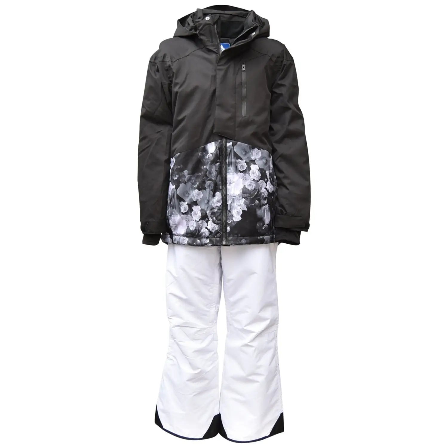 Black floral snow jacket with white pants from Snow Country Outerwear Girls Ski Suit