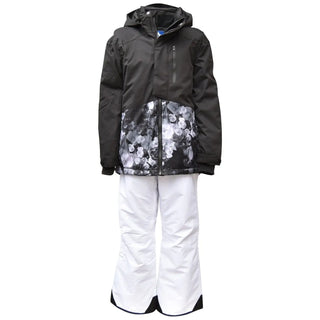 Black floral snow jacket with white pants from Snow Country Outerwear Girls Ski Suit