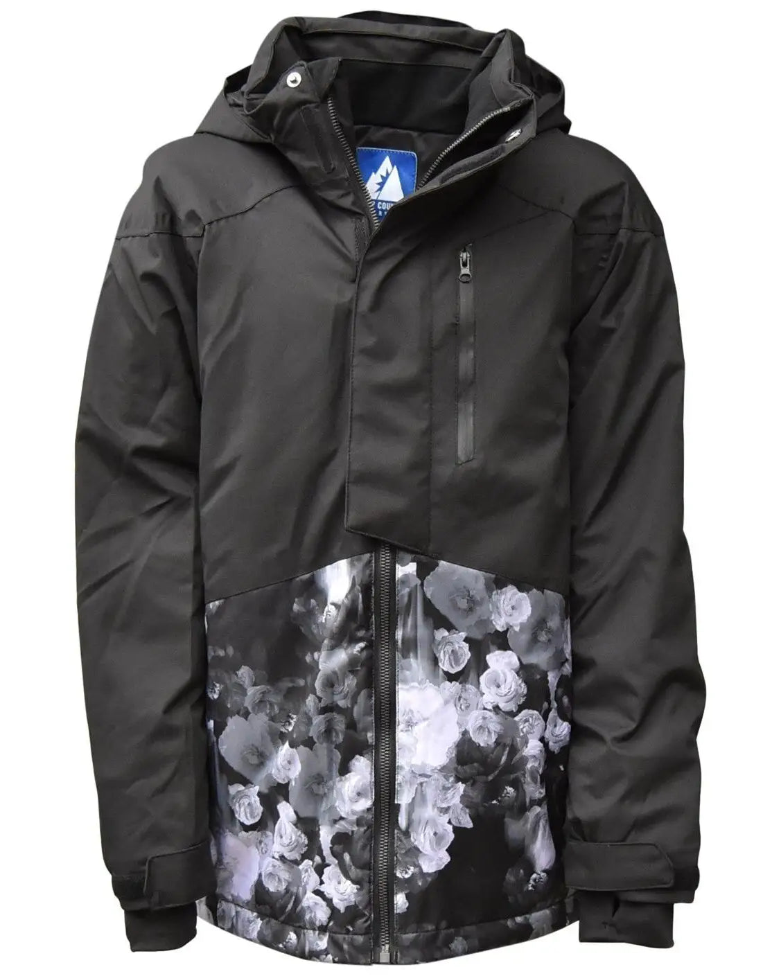 Black hooded floral-patterned Snow Country Girls Big Youth Peony Winter Ski Jacket