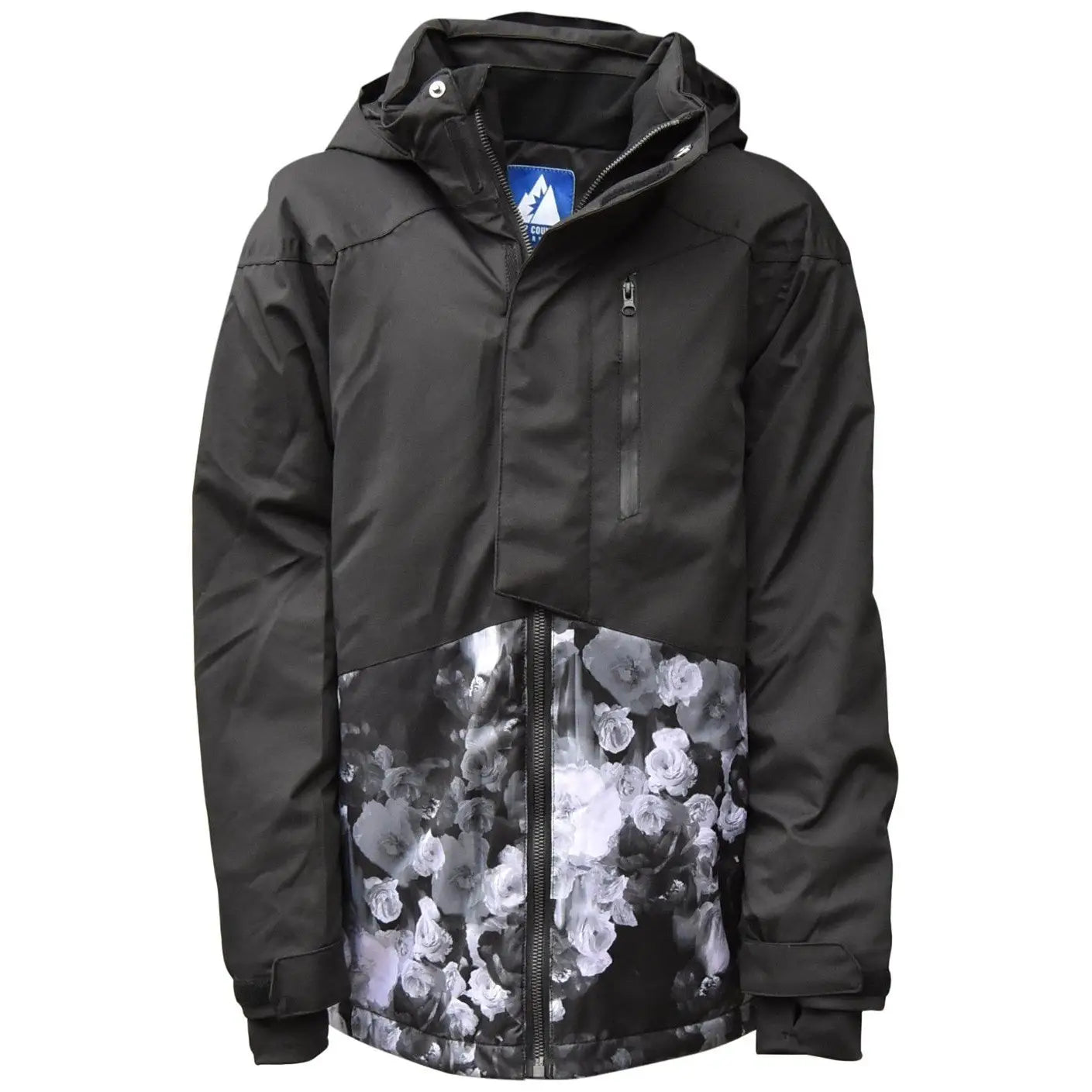 Black hooded floral-patterned Snow Country Girls Big Youth Peony Winter Ski Jacket