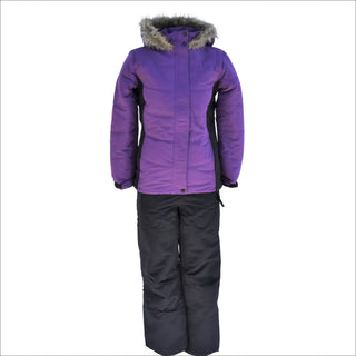 Purple and black snow suit with fur-trimmed hood from Snow Country Outerwear for girls