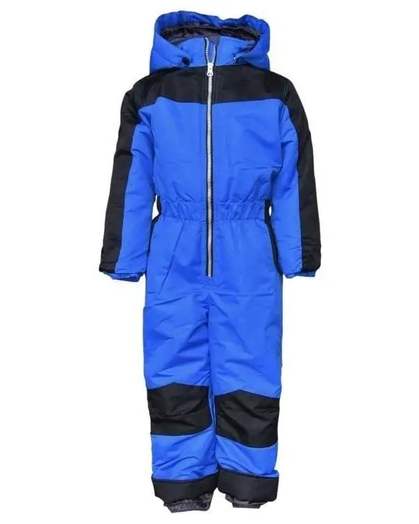 Blue and black hooded snowsuit for little boys, perfect for winter outdoor play