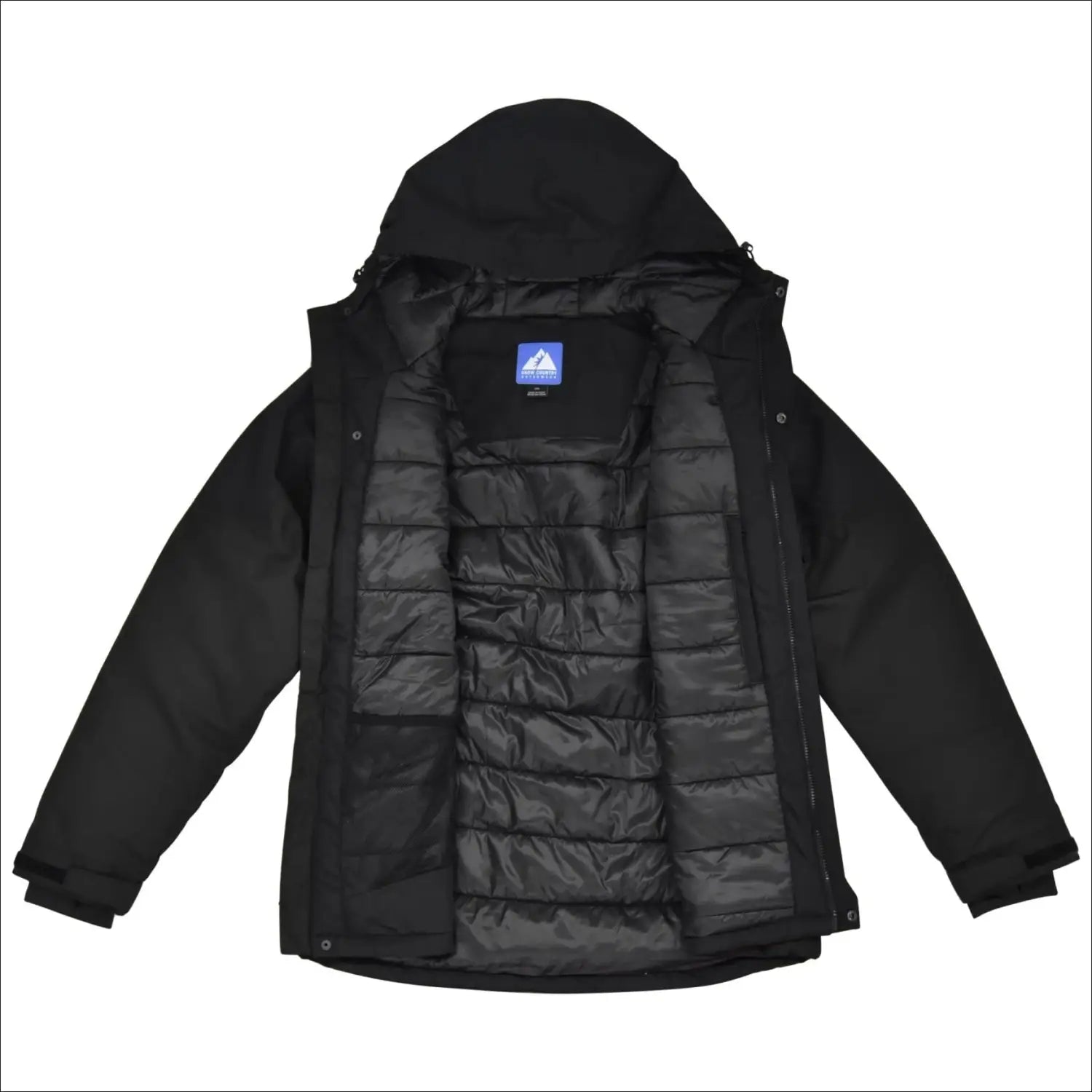 Open black hooded winter coat on display, insulated mountaineer snow jacket for men