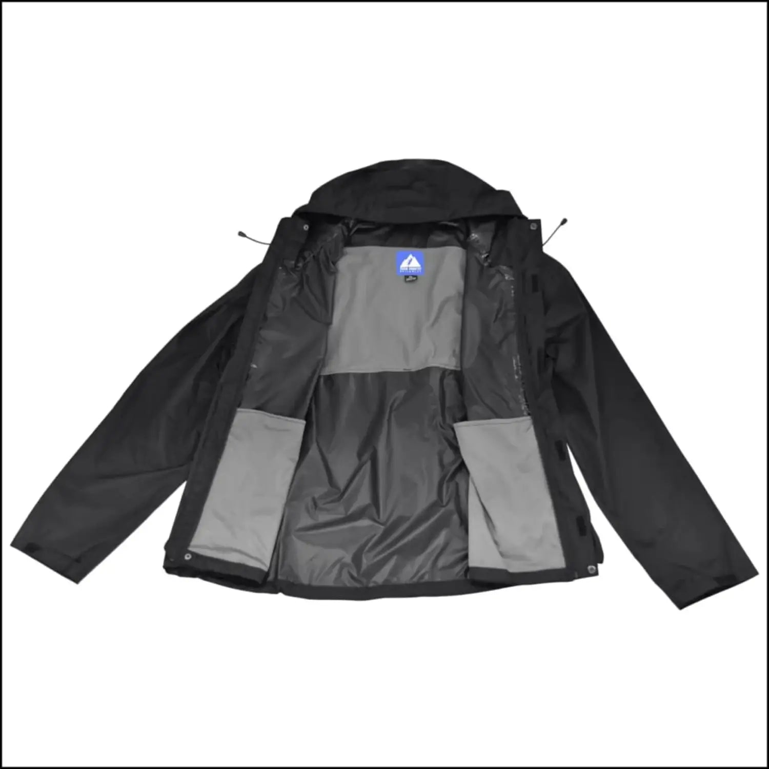 Open black hooded jacket from Snow Country Outerwear Mens Packable Rain Jacket collection