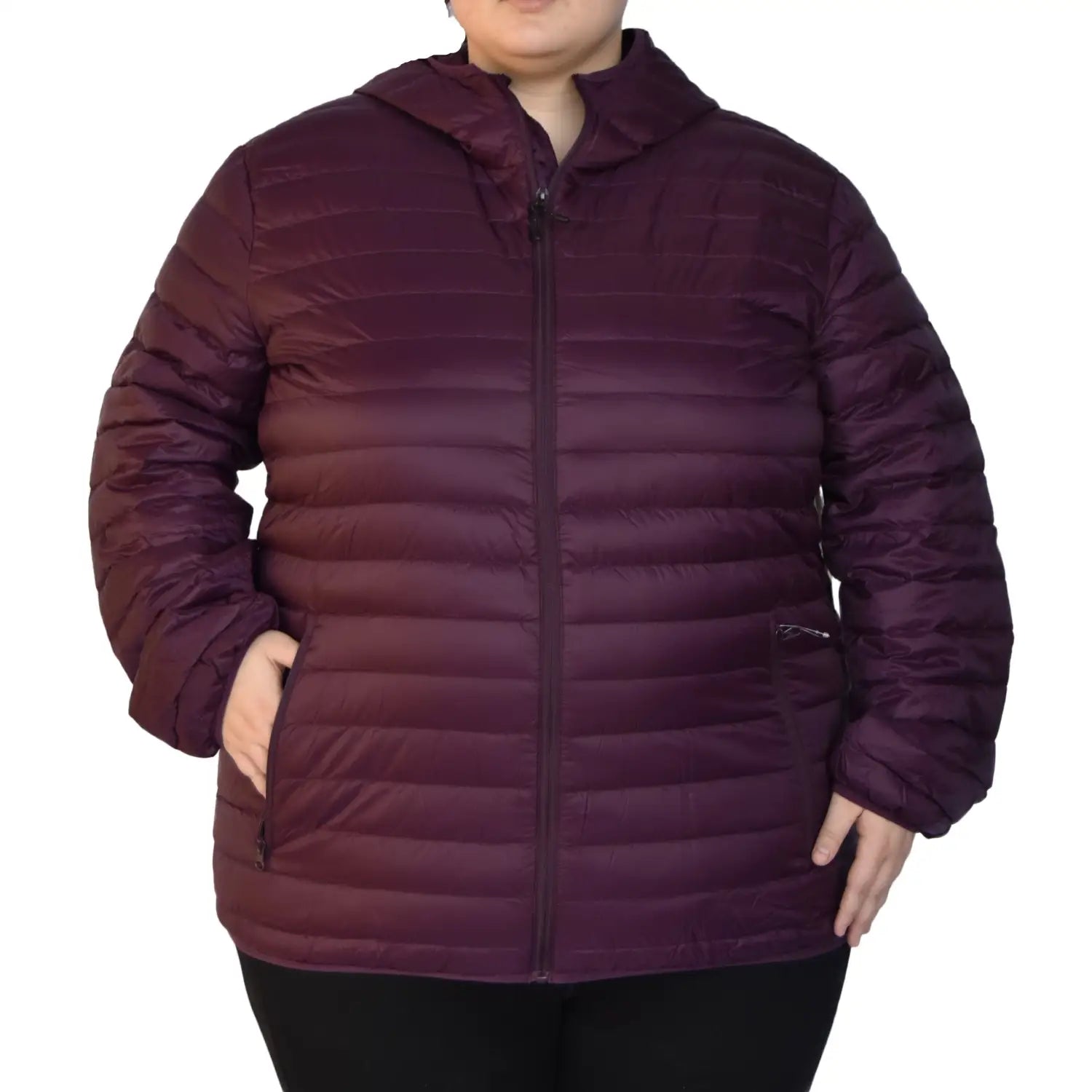 Burgundy hooded puffer jacket for women plus sizes, packable down snow country outerwear