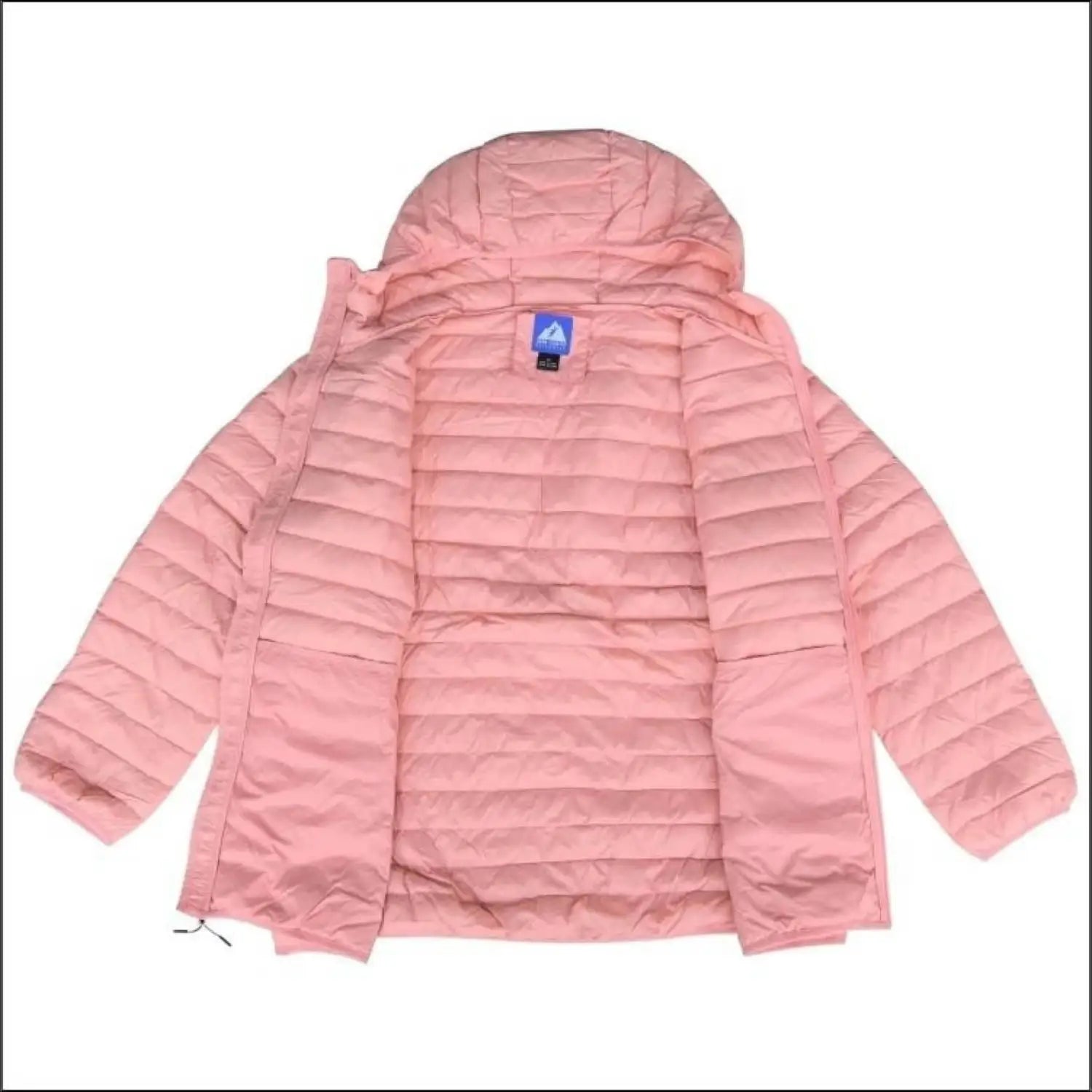Open pink puffer jacket with hood from Women’s 1X-6X Plus Packable Down Snow Coat