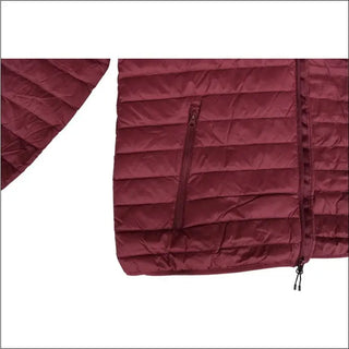 Maroon quilted packable down hooded coat for women in extended sizes perfect for snow country