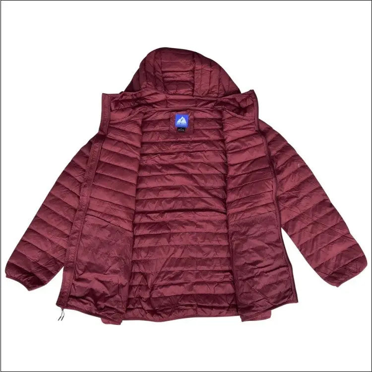 Open maroon quilted puffer jacket with hood from Women’s Plus Size Packable Down Coat