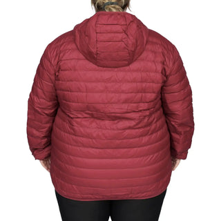 Burgundy hooded puffer jacket shown in Women’s Plus Extended Size Packable Down Coat