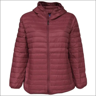 Maroon hooded puffer jacket Women’s Plus Size Packable Down Snow Country Outerwear