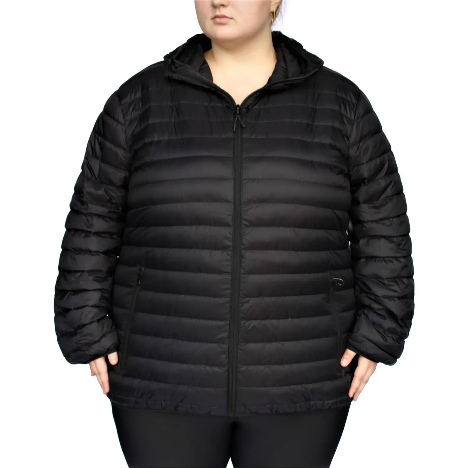 Black quilted hooded jacket from Women’s 1X-6X Plus Extended Size Packable Down Coat