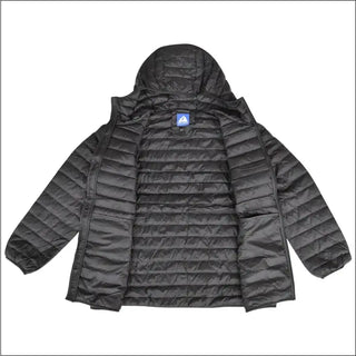 Open black hooded puffer jacket displayed in Women’s Plus Extended Size Packable Down Coat
