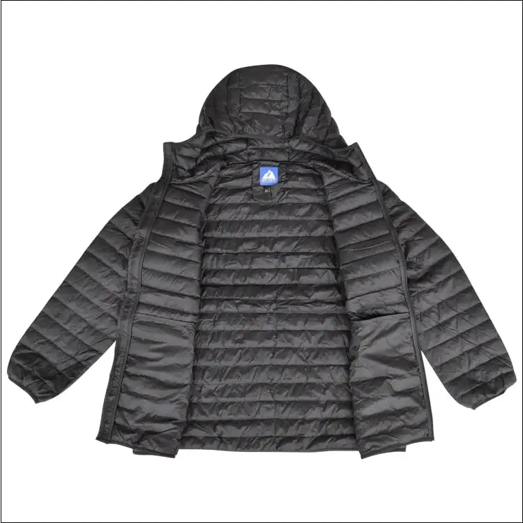 Open black hooded puffer jacket displayed in Women’s Plus Extended Size Packable Down Coat