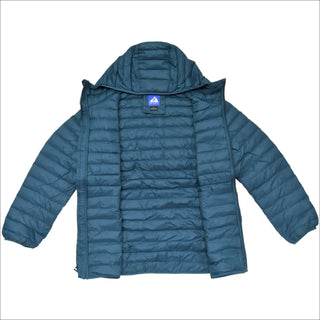 Open teal puffer jacket with hood from Women’s Plus Packable Down Jacket Snow Country Outerwear