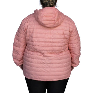 Pink hooded puffer jacket for women in extended sizes, packable down snow outerwear