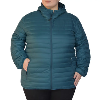 Teal hooded puffer jacket for women in plus sizes, packable down coat for snow country
