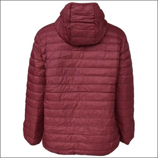 Burgundy hooded puffer jacket for women extended sizes, packable down winter coat