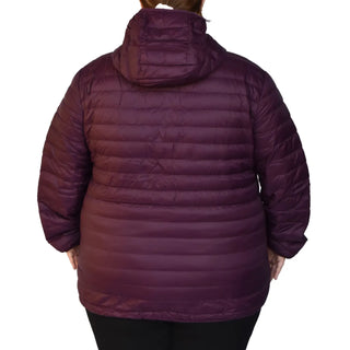 Women’s maroon hooded puffer jacket shown in packable down coat snow country outerwear