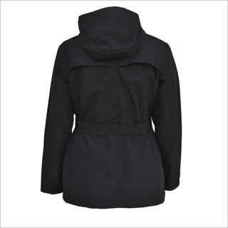 Black hooded belted jacket from Snow Country Outerwear Women’s Rain Jacket collection