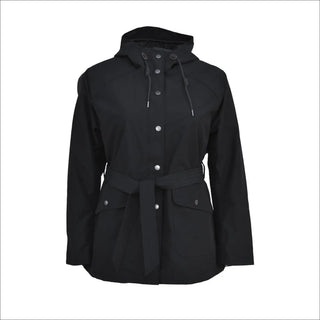 Black hooded belted jacket from Snow Country Outerwear Women’s Rain Jacket collection