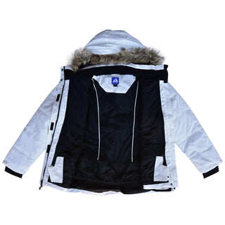 Open white winter coat with fur-lined hood from Snow Country Outerwear womens ski jacket