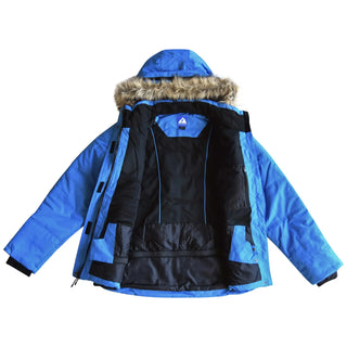 Open blue Snow Country Womens Aspen Ski Jacket Coat with fur-lined hood