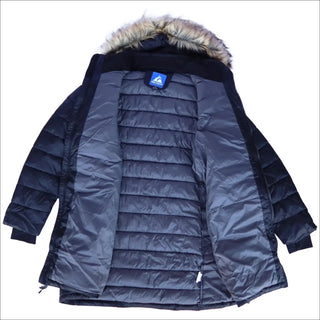 Open navy puffer coat with fur-trimmed hood from Women’s Plus Size Element Parka Jacket