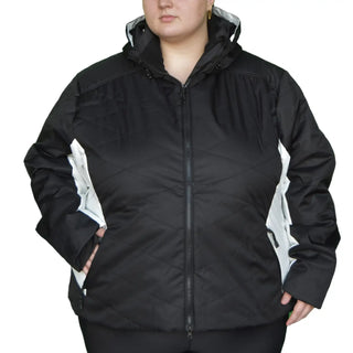 Black and white hooded insulated winter snow ski jacket for women in plus size 1X-5X