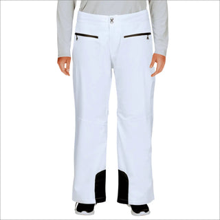 Women’s plus size insulated white ski pants with black accents for winter snow skiing