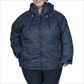 Dark patterned hooded puffer jacket for plus size women from Trust Snowboarding Ski Coat collection