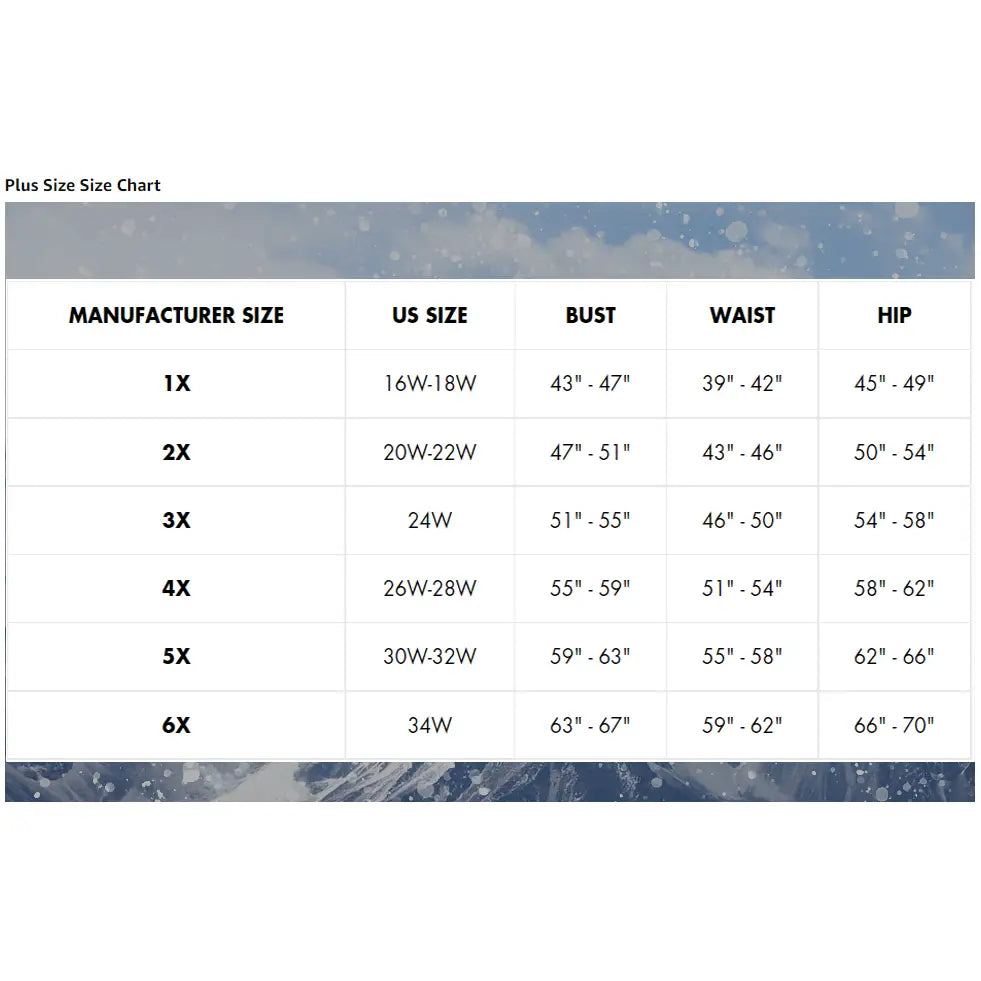 Plus size clothing chart for Snow Country Women’s Winter Snow Ski Bibs Overalls