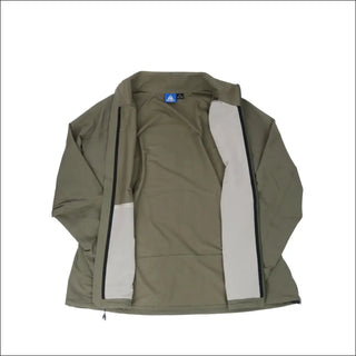 Open olive-green Adidas plus size rain jacket windbreaker coat displayed on a woman